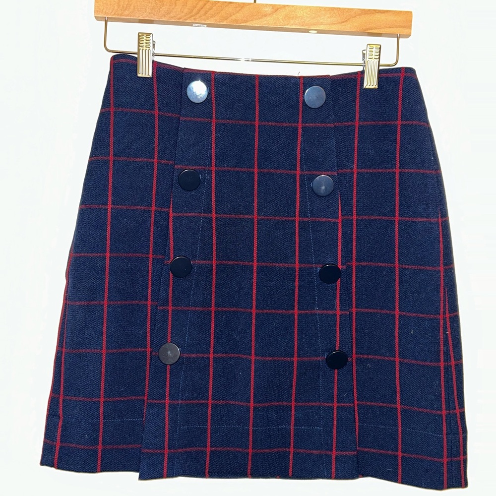 LOFT Navy and Red Checkered Mini Skirt
